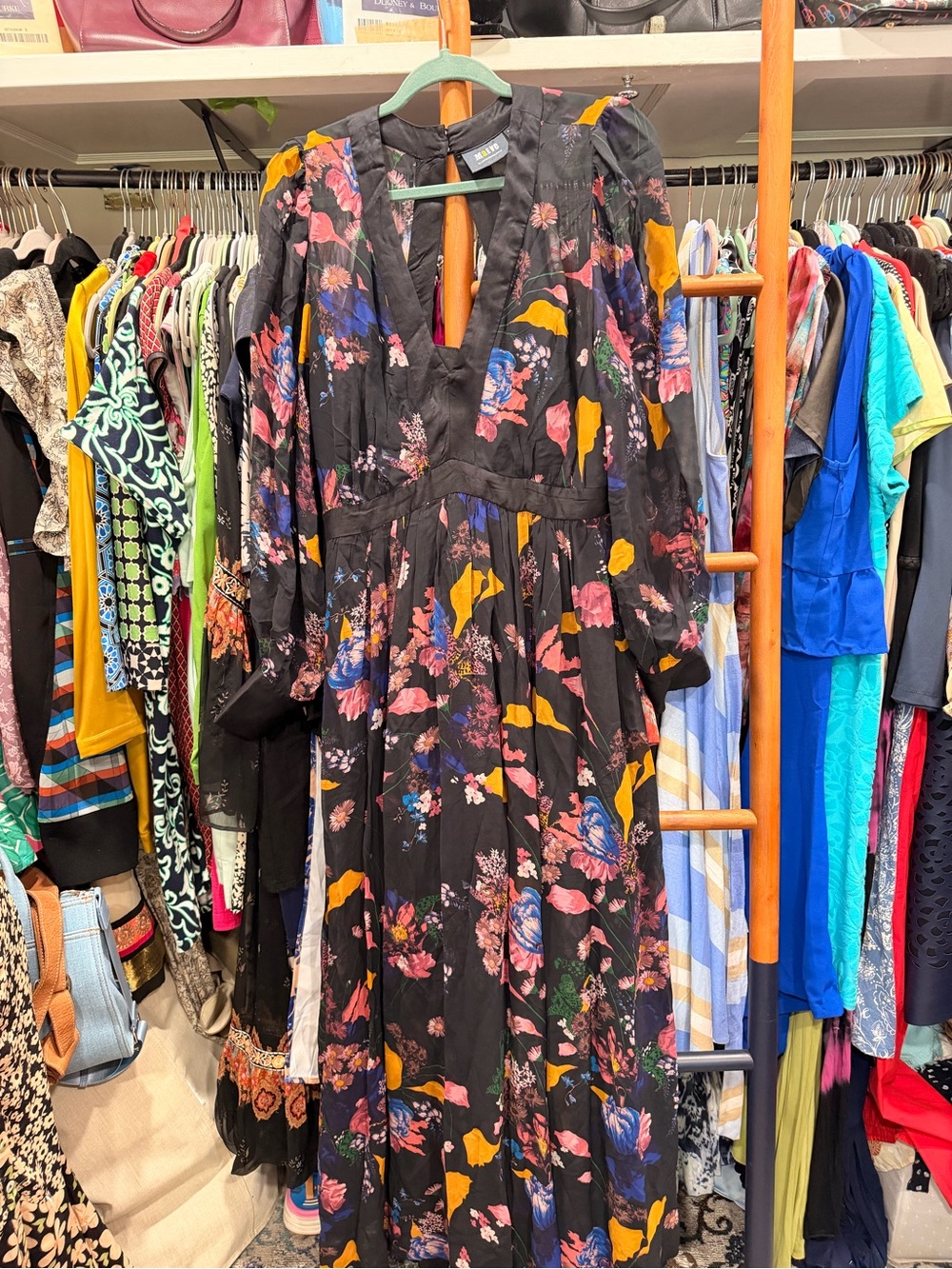 Maeve Black Floral Maxi Dress with V-Neck and Long Sleeves